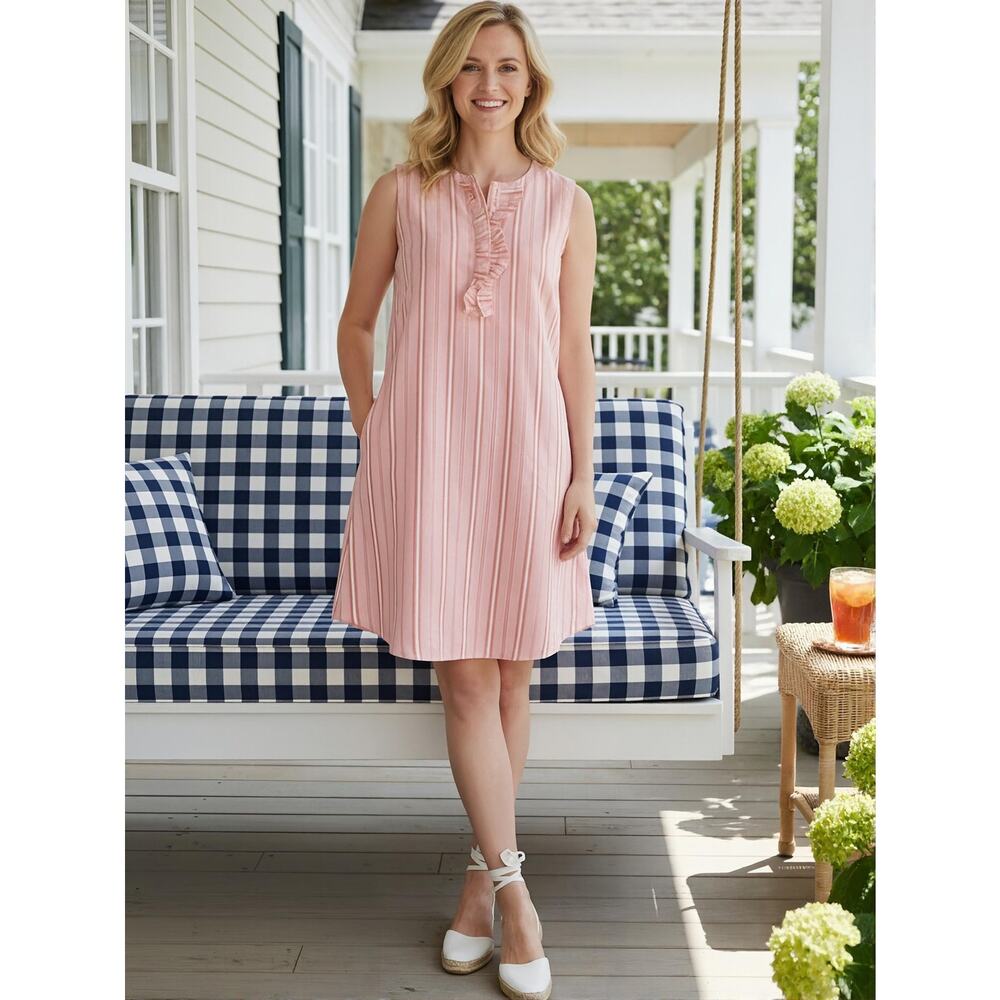 Draper James Ruffle Placket Dress Coral Pink Stripe M NWT